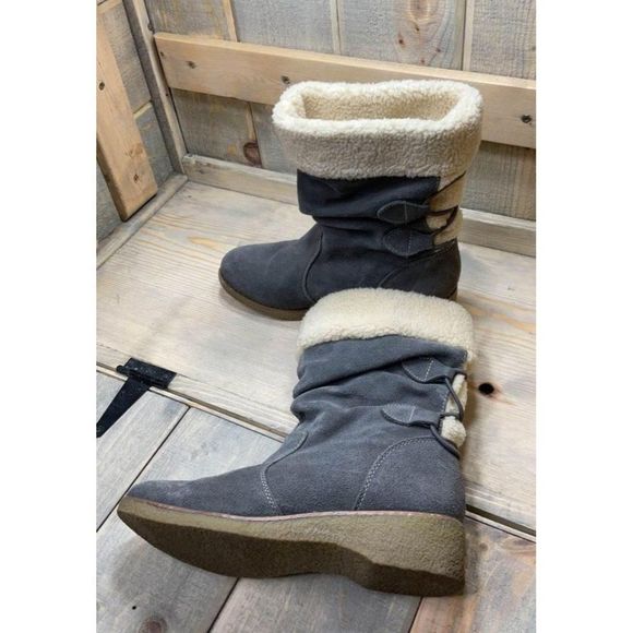 Us 7 B Lands End gray suede faux shearling lined winter snow booties pull on - Picture 5 of 7